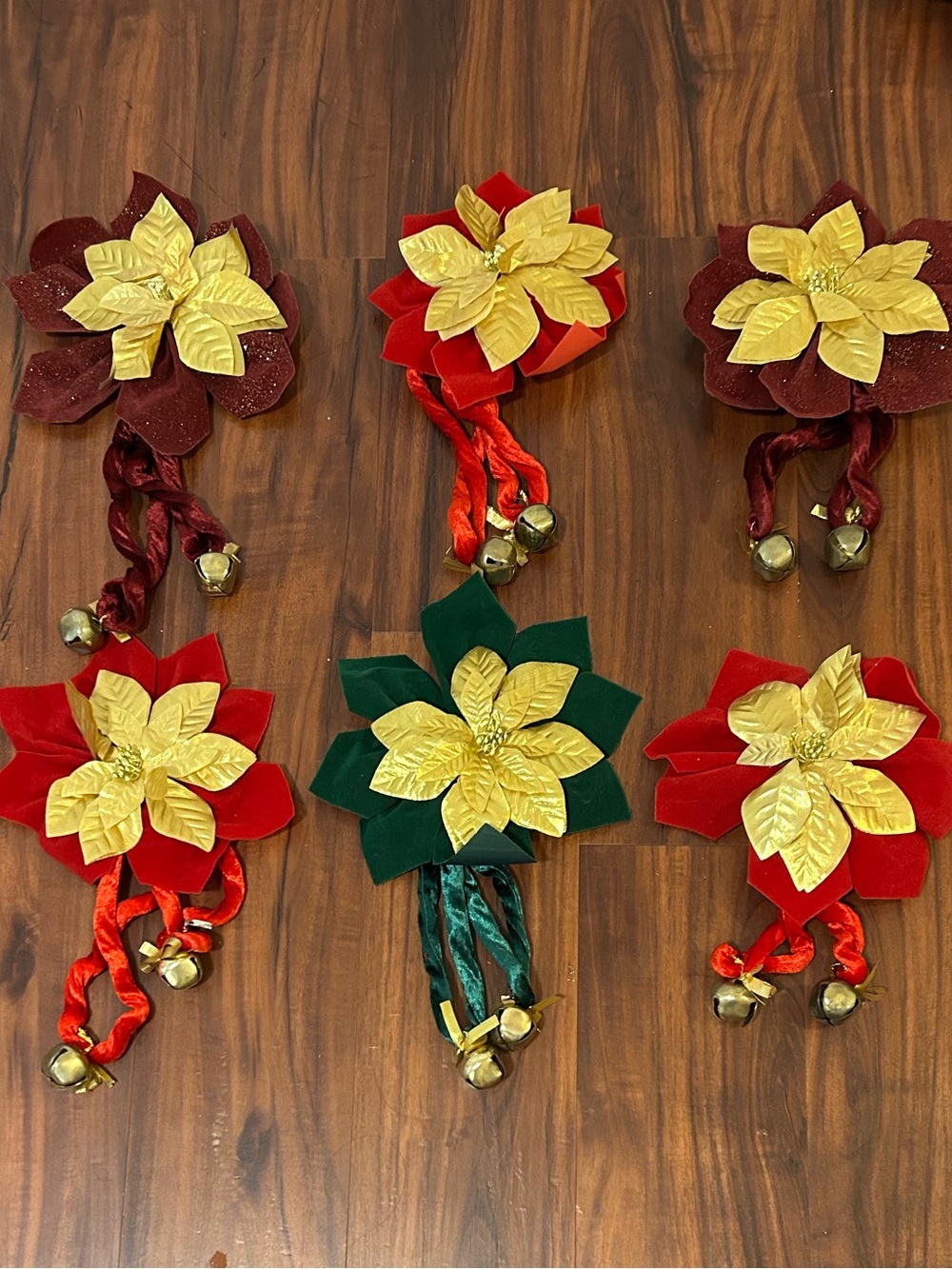 Poinsettia Hanging Jingle Bells Christmas Decor - Set of 6